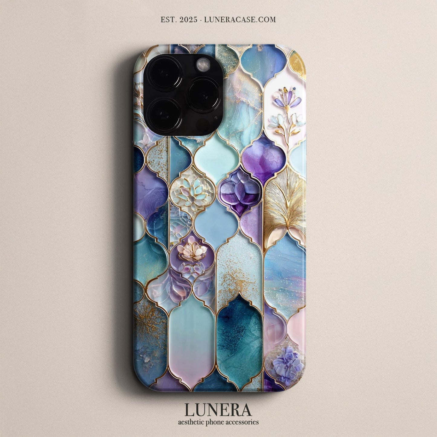 Lunera "Blue Purple Stained Glass Mosaic" Tasarım Telefon Kılıfı - Art Serisi