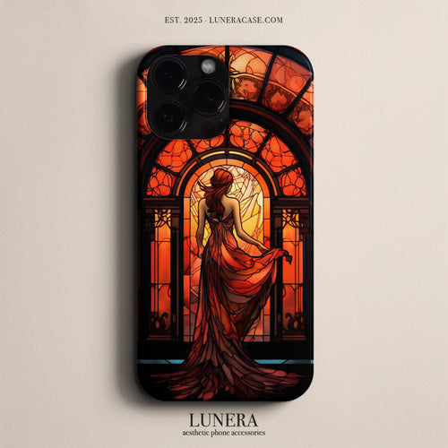 LUNERA Ember Window Case – Turuncu Vitray Kadın Figürlü Parlak Telefon Kılıfı