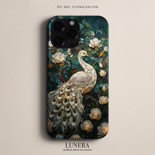 LUNERA "White Peacock" Tasarım Telefon Kılıfı – Vitray (Stained Glass) Serisi
