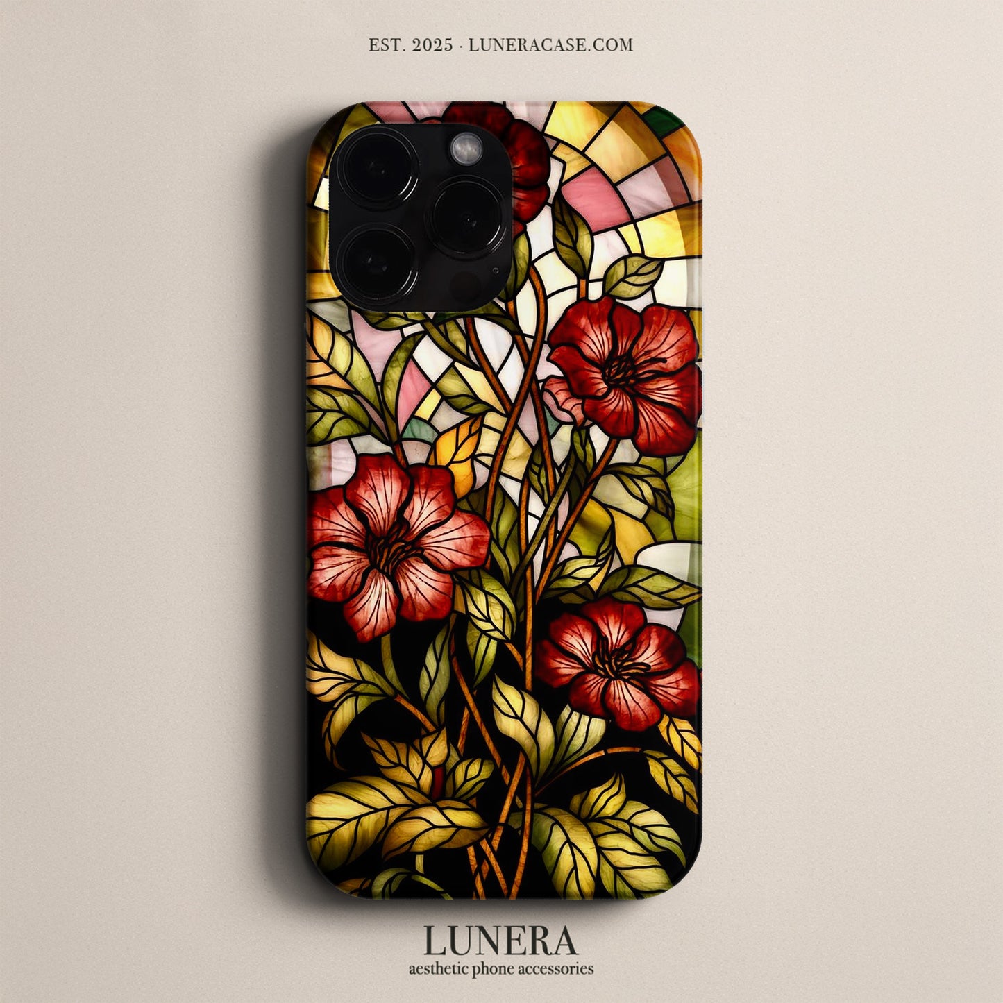 LUNERA Crimson Petal Glass Case – Kırmızı Vitray Çiçek Desenli Parlak Telefon Kılıfı