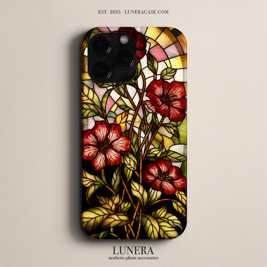 LUNERA Crimson Petal Glass Case – Kırmızı Vitray Çiçek Desenli Parlak Telefon Kılıfı