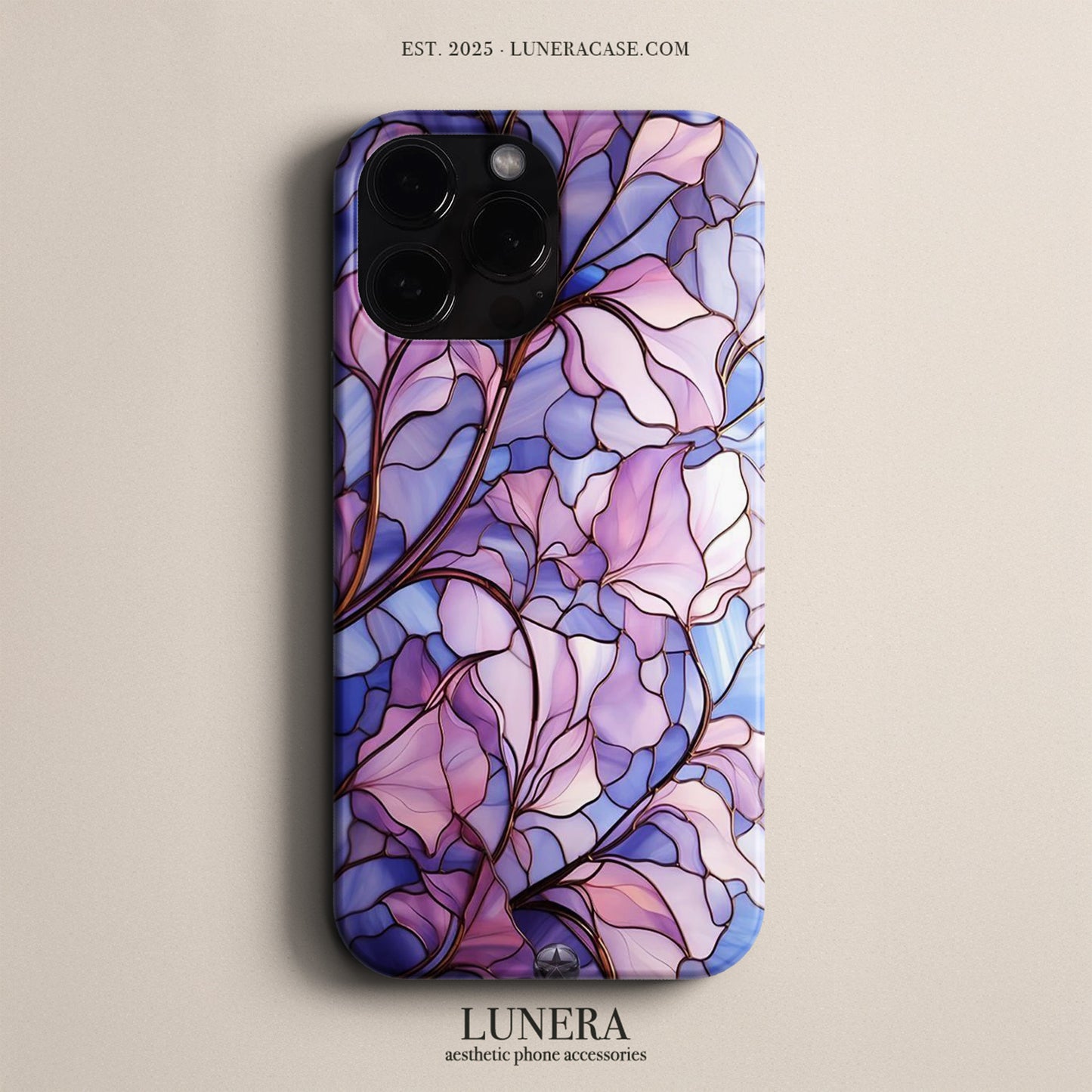 LUNERA Amethyst Blossom Case – Mor Pembe Vitray Çiçek Desenli Parlak Telefon Kılıfı