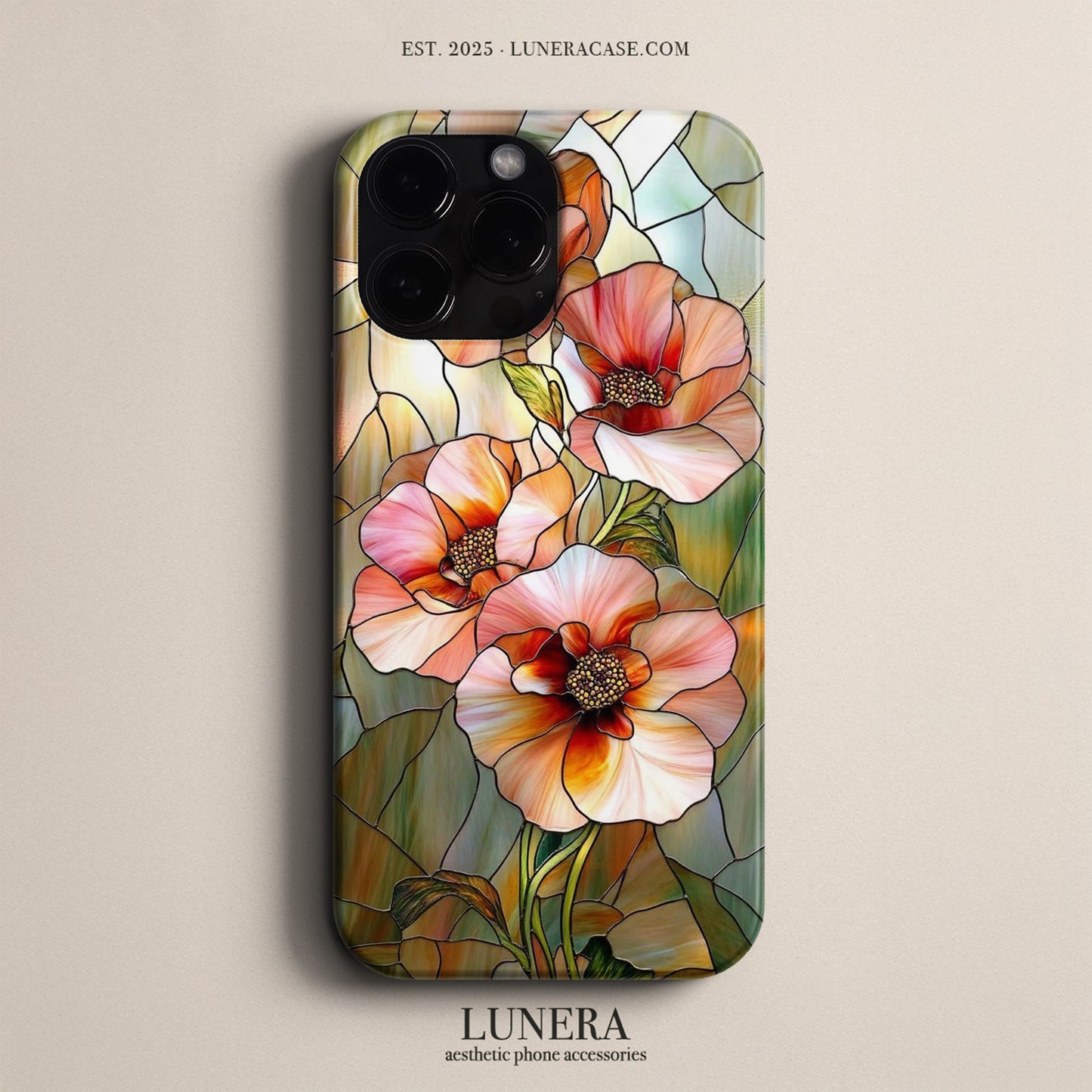LUNERA Peach Bloom Glass Case – Şeftali Tonlu Vitray Çiçek Desenli Parlak Telefon Kılıfı