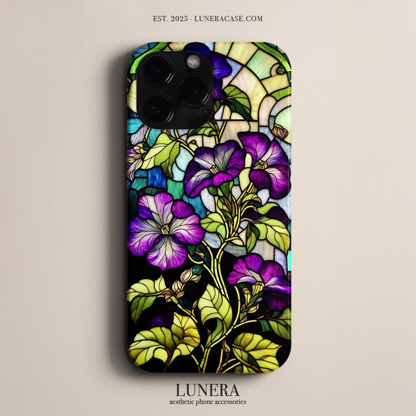 LUNERA Midnight Violet Case – Mor Vitray Çiçek Desenli Parlak Telefon Kılıfı