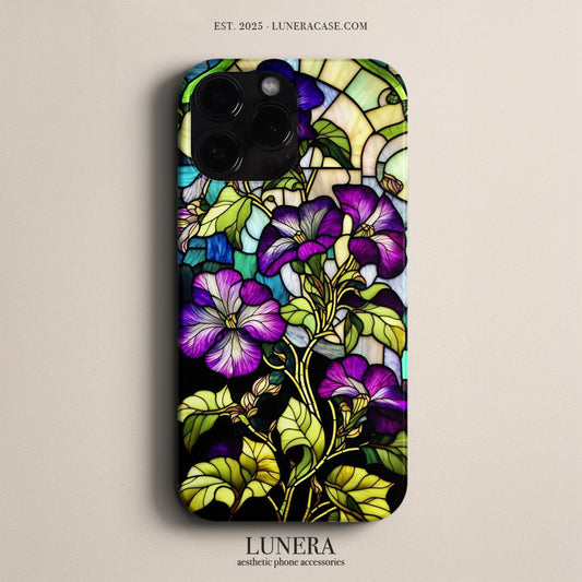LUNERA Midnight Violet Case – Mor Vitray Çiçek Desenli Parlak Telefon Kılıfı