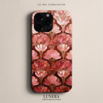 LUNERA Art Deco Blossom Case – Pembe Art Deco Çiçek Desenli Parlak Telefon Kılıfı