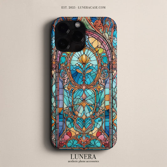LUNERA Azure Cathedral Case – Mavi Vitray Pencere Desenli Parlak Telefon Kılıfı