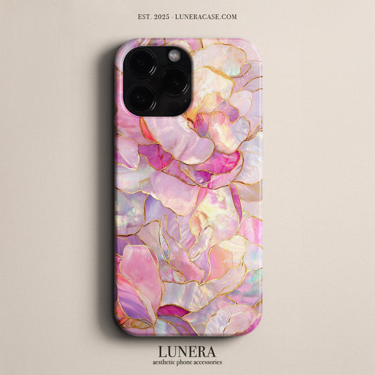 LUNERA Pearl Petals Case – İnci Efektli Pembe Çiçek Desenli Parlak Telefon Kılıfı