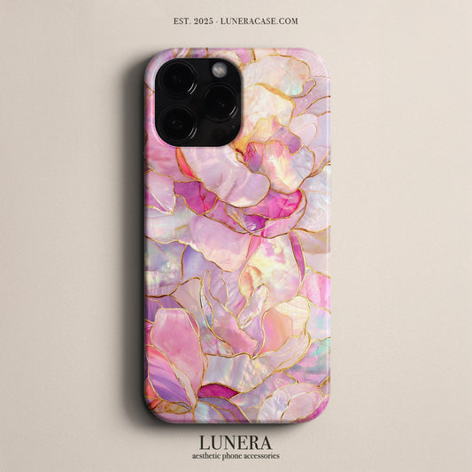 LUNERA Pearl Petals Case – İnci Efektli Pembe Çiçek Desenli Parlak Telefon Kılıfı