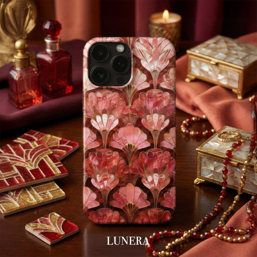 LUNERA Art Deco Blossom Case – Pembe Art Deco Çiçek Desenli Parlak Telefon Kılıfı