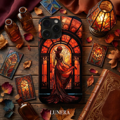 LUNERA Ember Window Case – Turuncu Vitray Kadın Figürlü Parlak Telefon Kılıfı