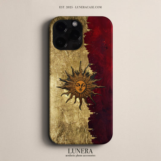 LUNERA ‘Sun & Shadow’ Case – Altın Güneş Temalı Soyut Sanatsal Telefon Kılıfı