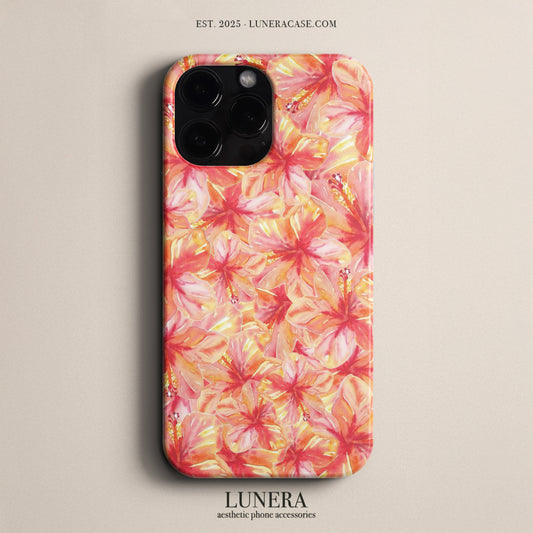 LUNERA ‘Sunset Hibiscus’ Case – Hibiskus Çiçekli Turuncu Pembe Estetik Telefon Kılıfı