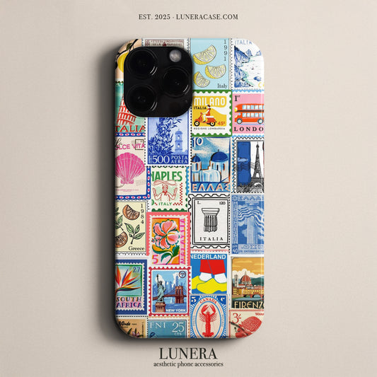 LUNERA 'Vintage Stamps' Case – Renkli Retro Pul Koleksiyon Telefon Kılıfı